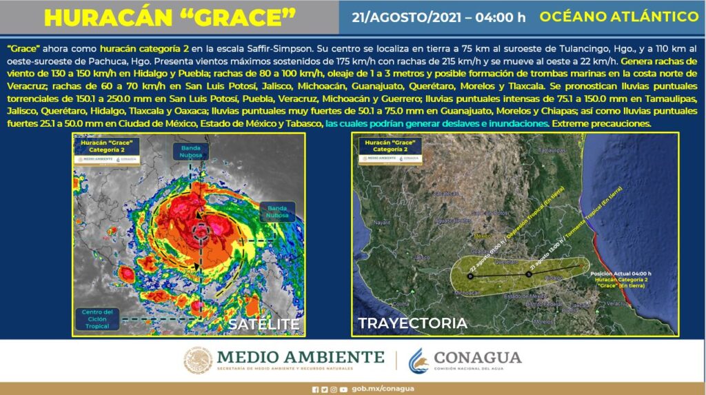 El huracán “Grace” se degrado a categoría 2 y se localiza en Hidalgo entre Tulancingo y Pachuca.