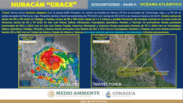 El huracán “Grace” se degrado a categoría 2 y se localiza en Hidalgo entre Tulancingo y Pachuca.