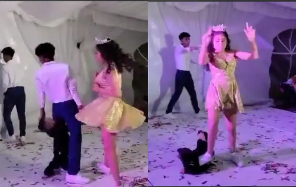 Quinceañera PISA a niño que se atraviesa durante su baile