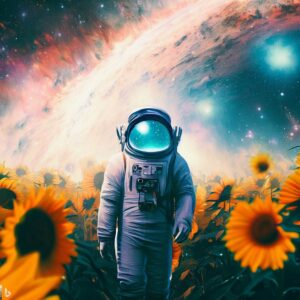 astronauta caminando entre girasoles